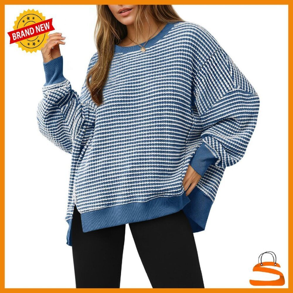 Oversized Waffle Knit Sweatshirt Tunic Long Sleeve Pullover